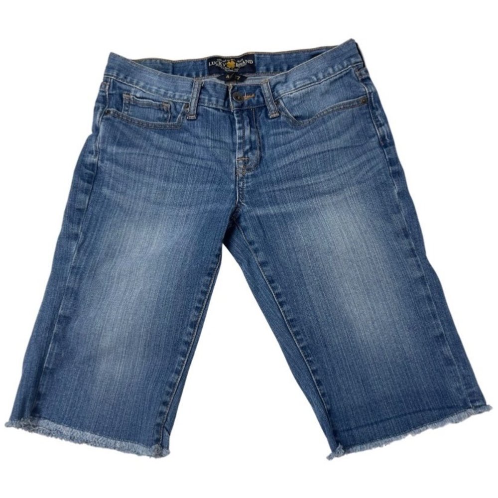 LUCKY BRAND Women's Abbey Bermuda Shorts Frayed Hem Medium Wash Sz 4/27